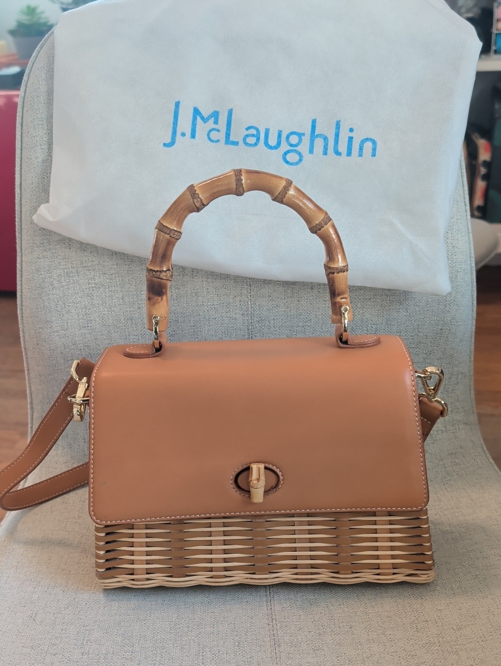 J. McLaughlin Tan Leather & Wicker Satchel with Bamboo Handle